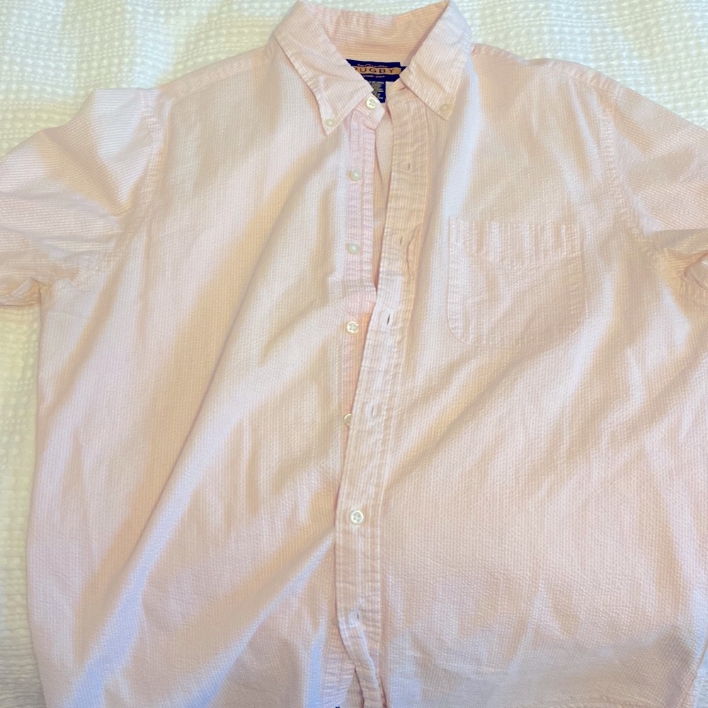 Pink and white seersucker mens button down